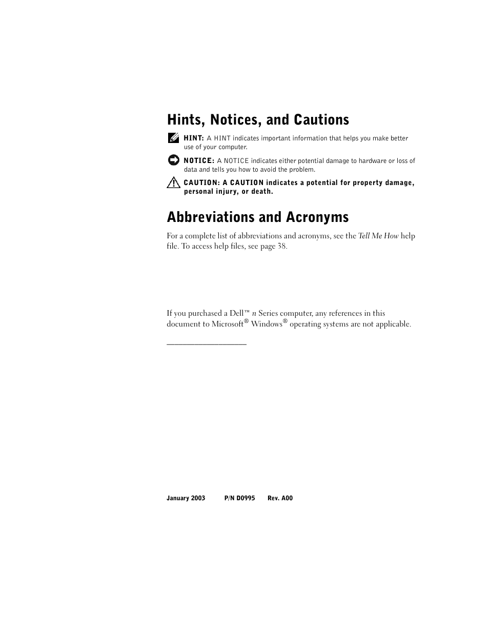 Hints, notices, and cautions, Abbreviations and acronyms | Dell Dimension 4550 User Manual | Page 2 / 152