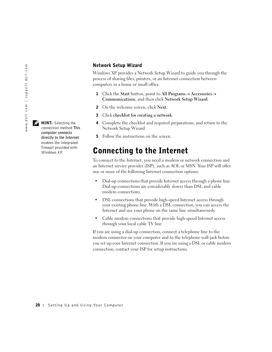 Connecting to the internet | Dell Dimension 4550 User Manual | Page 28 / 152