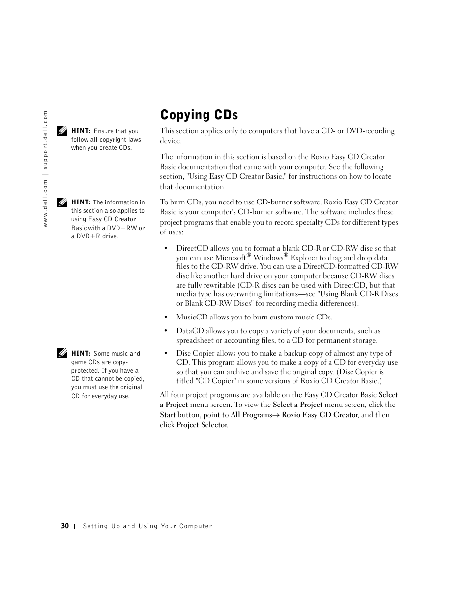 Copying cds | Dell Dimension 4550 User Manual | Page 30 / 152