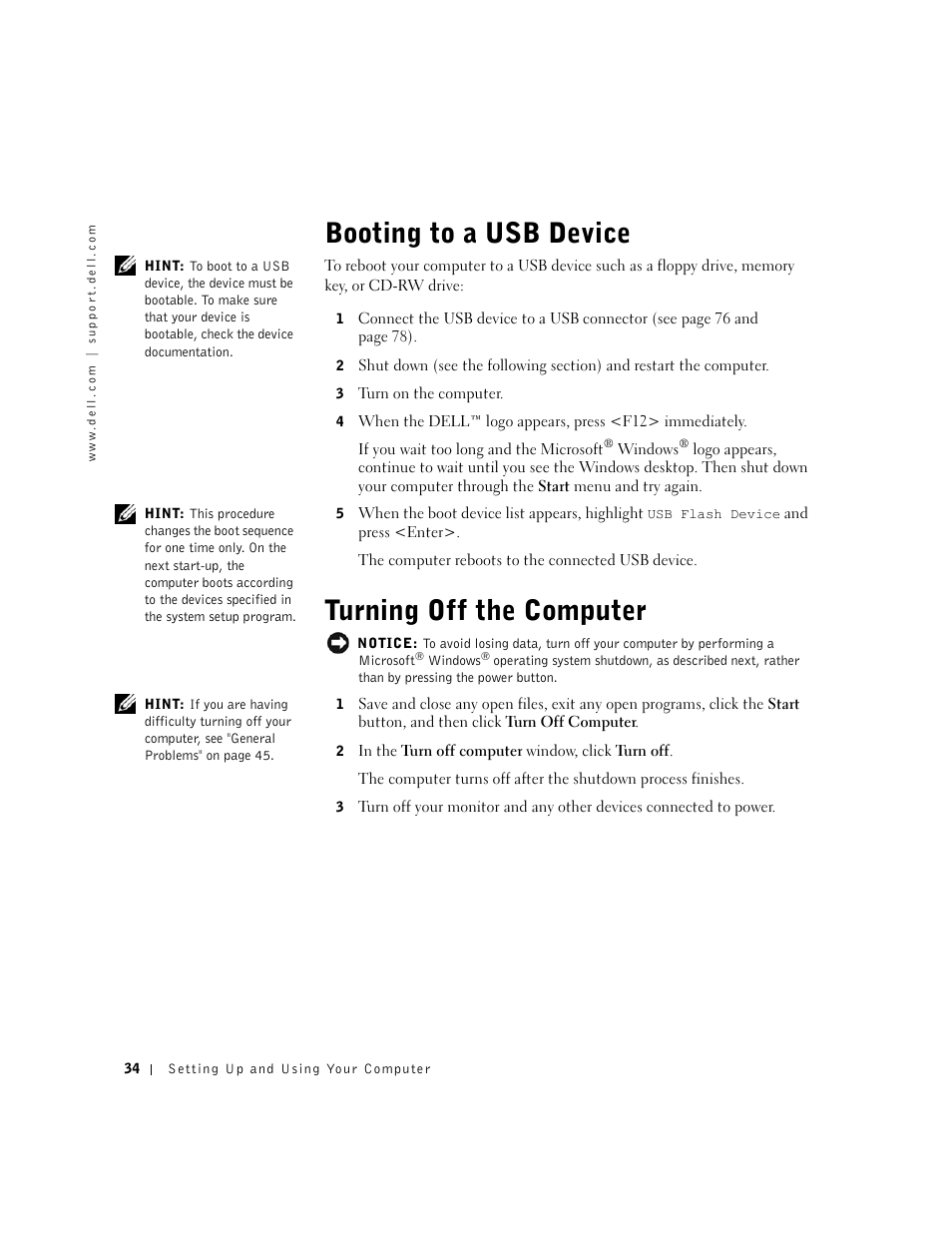 Booting to a usb device, Turning off the computer | Dell Dimension 4550 User Manual | Page 34 / 152