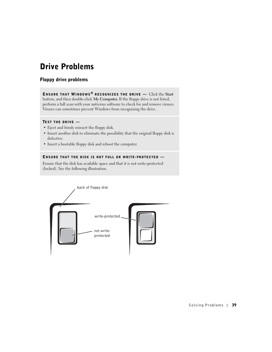 Drive problems, Floppy drive problems | Dell Dimension 4550 User Manual | Page 39 / 152
