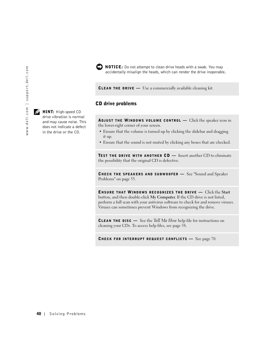 Cd drive problems | Dell Dimension 4550 User Manual | Page 40 / 152