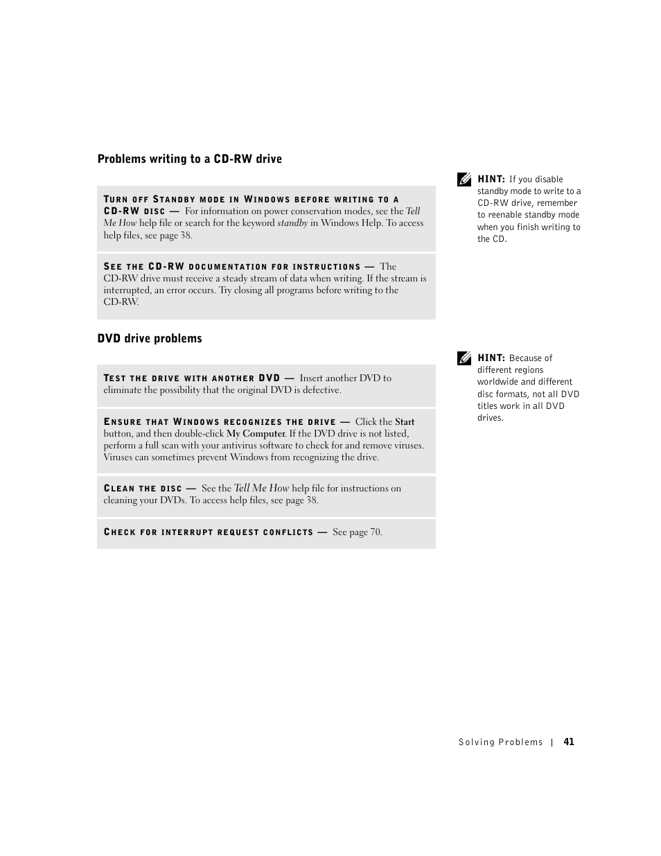 Problems writing to a cd-rw drive, Dvd drive problems | Dell Dimension 4550 User Manual | Page 41 / 152
