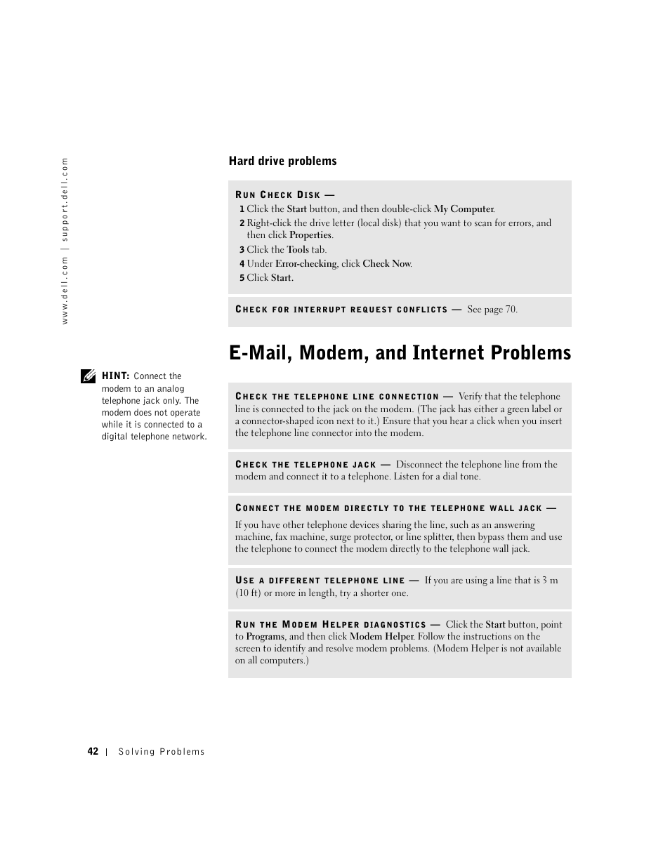 E-mail, modem, and internet problems, Hard drive problems | Dell Dimension 4550 User Manual | Page 42 / 152