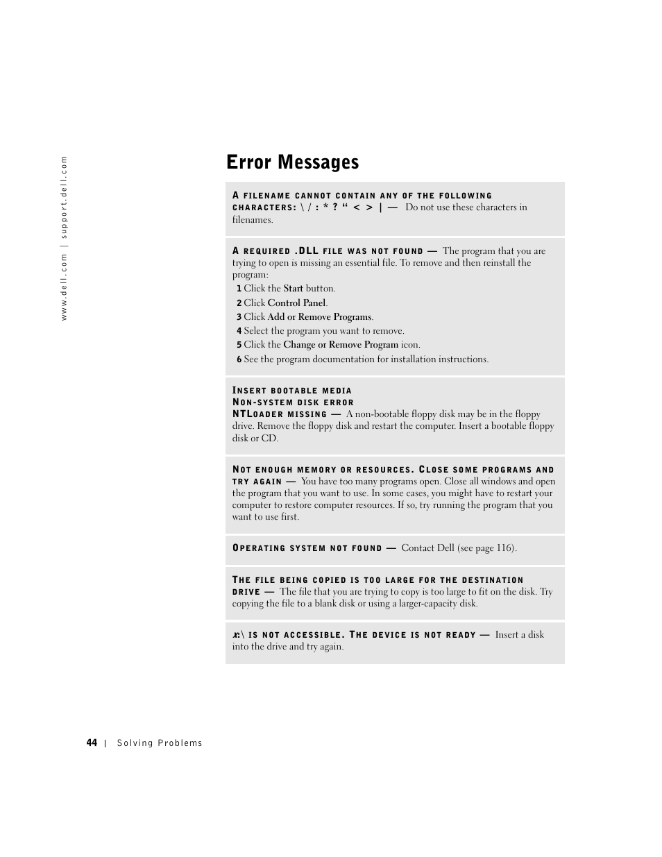 Error messages | Dell Dimension 4550 User Manual | Page 44 / 152