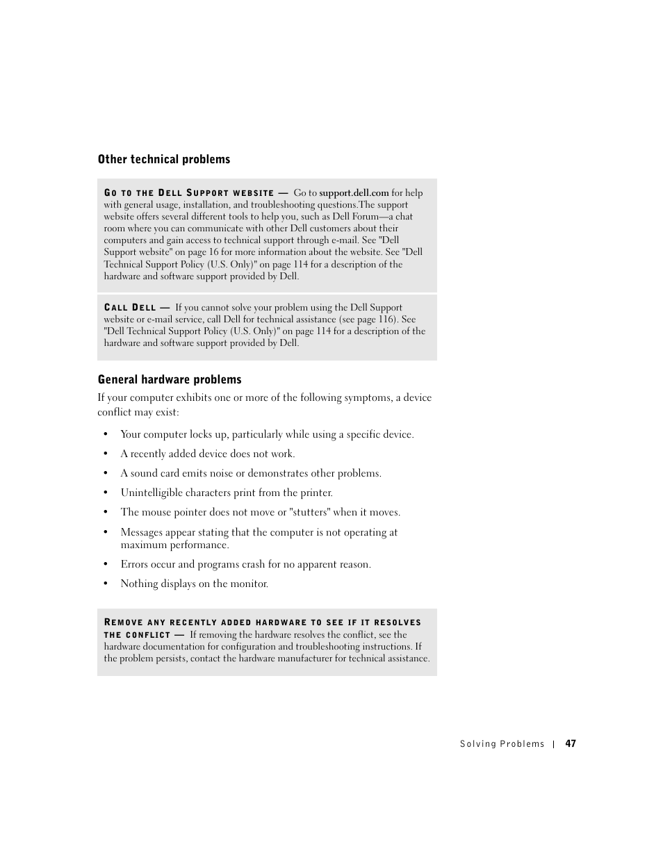 Other technical problems general hardware problems | Dell Dimension 4550 User Manual | Page 47 / 152