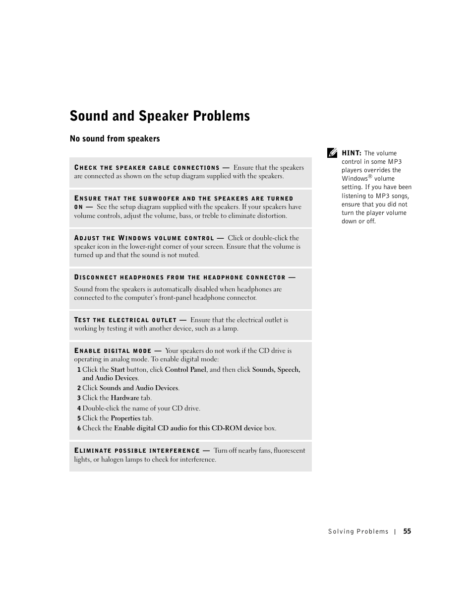 Sound and speaker problems, No sound from speakers | Dell Dimension 4550 User Manual | Page 55 / 152