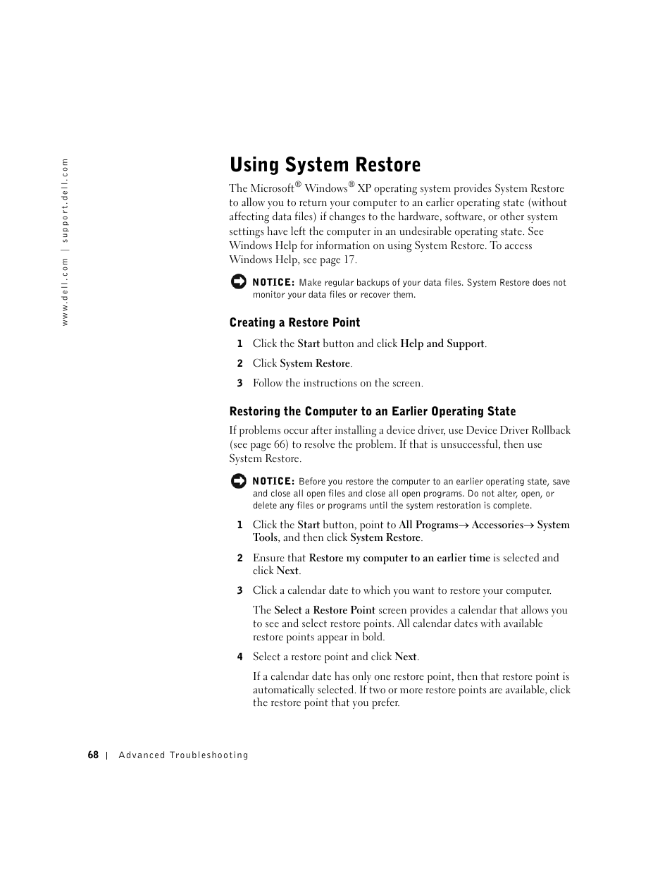 Using system restore | Dell Dimension 4550 User Manual | Page 68 / 152
