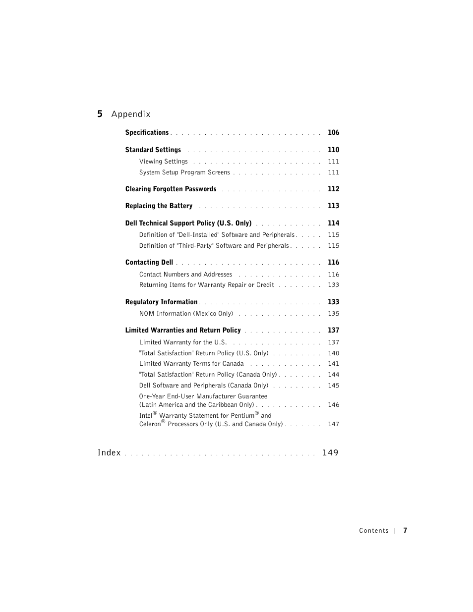 5 appendix, Index | Dell Dimension 4550 User Manual | Page 7 / 152