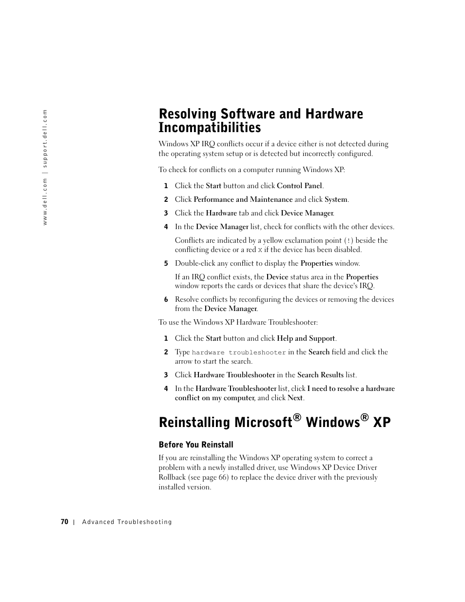 Resolving software and hardware incompatibilities, Reinstalling microsoft, Windows | Dell Dimension 4550 User Manual | Page 70 / 152