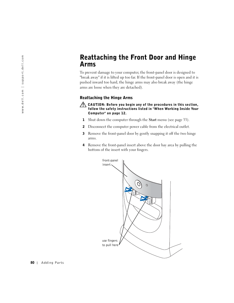 Reattaching the front door and hinge arms | Dell Dimension 4550 User Manual | Page 80 / 152