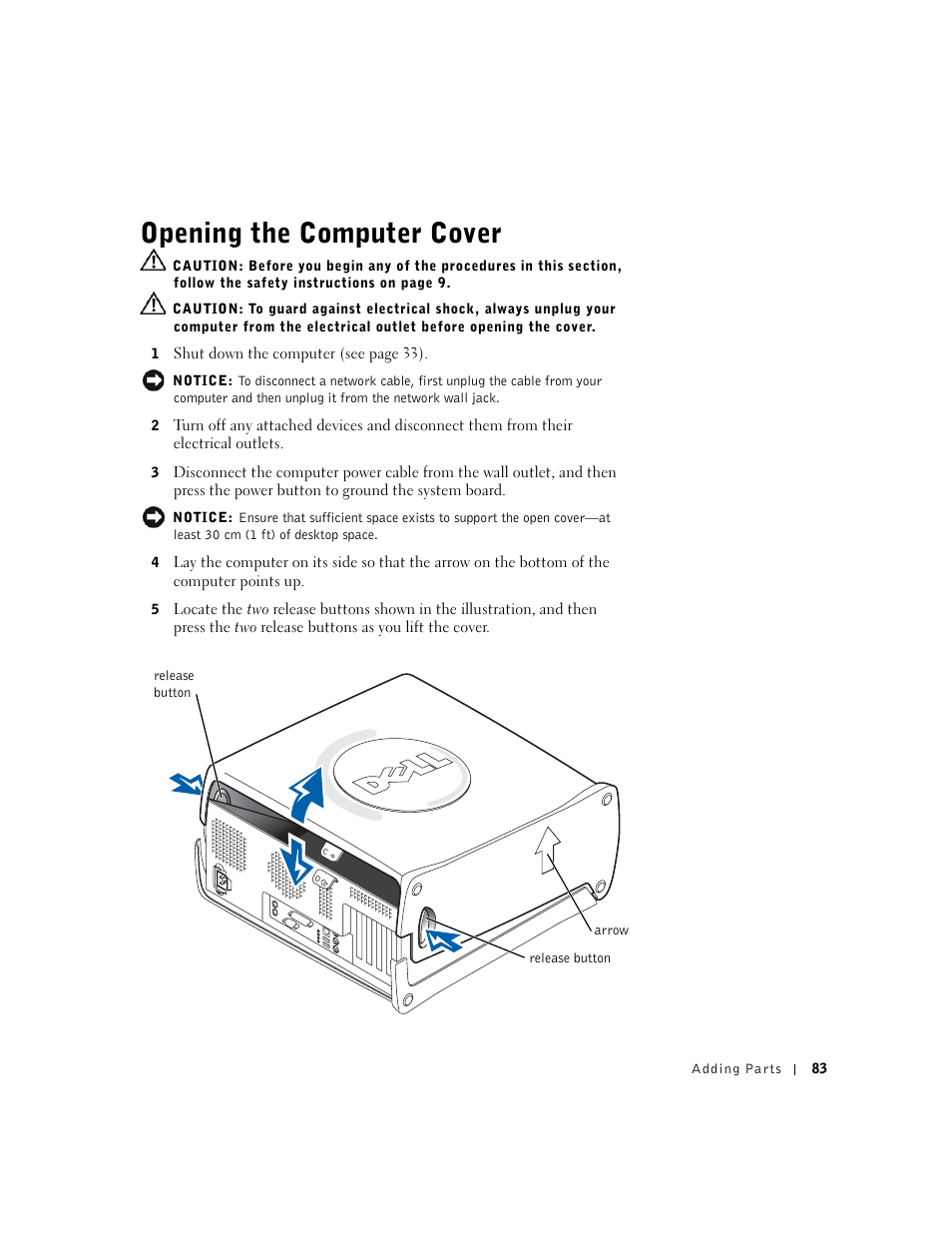 Opening the computer cover | Dell Dimension 4550 User Manual | Page 83 / 152