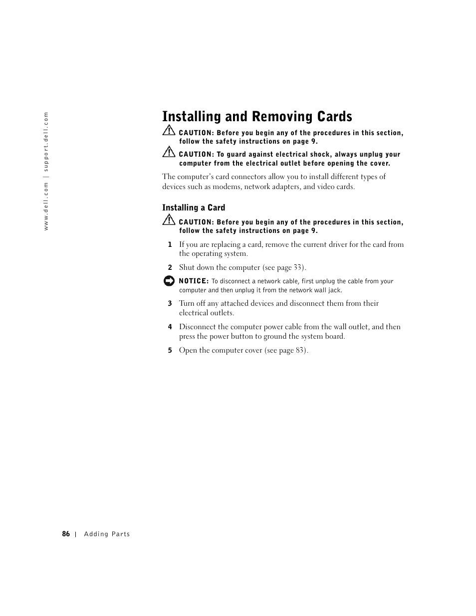 Installing and removing cards | Dell Dimension 4550 User Manual | Page 86 / 152