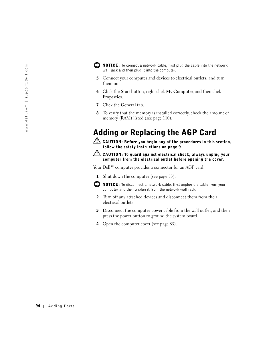 Adding or replacing the agp card | Dell Dimension 4550 User Manual | Page 94 / 152