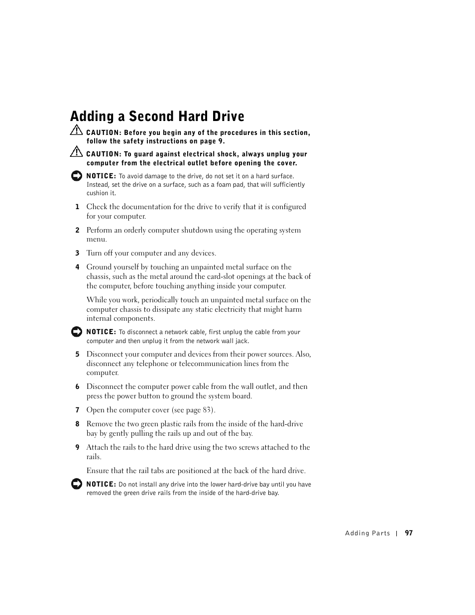 Adding a second hard drive | Dell Dimension 4550 User Manual | Page 97 / 152