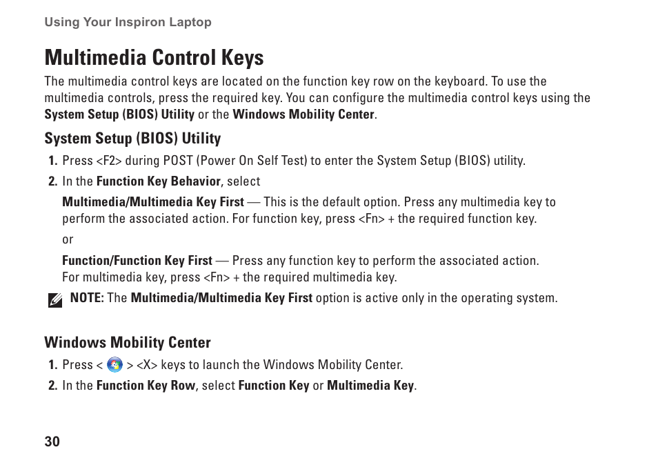 Multimedia control keys | Dell Inspiron 11z (1120, Mid 2010) User Manual | Page 32 / 86