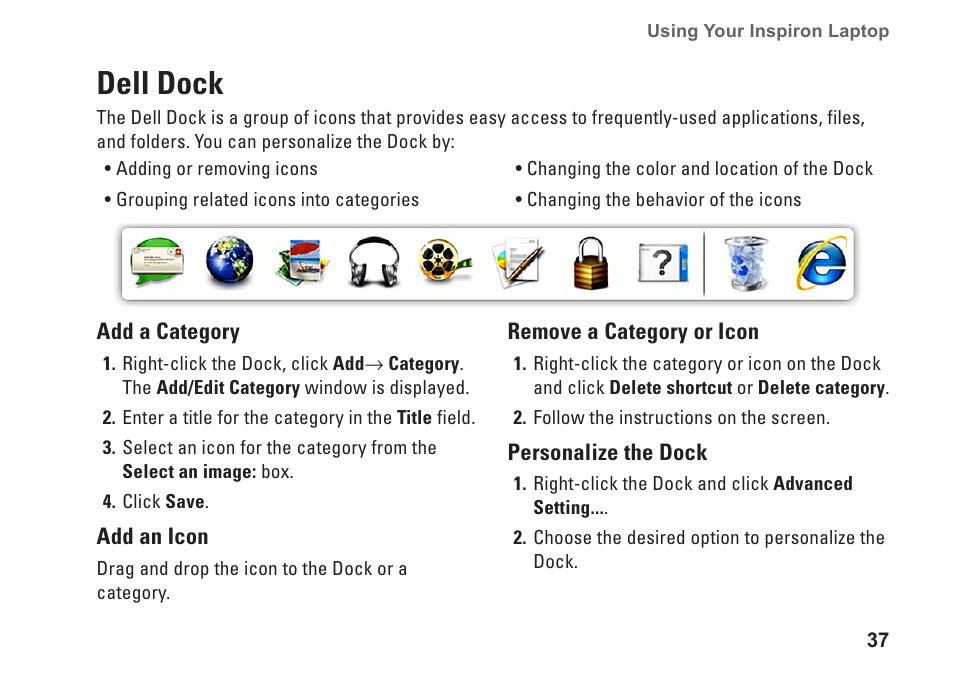 Dell dock | Dell Inspiron 11z (1120, Mid 2010) User Manual | Page 39 / 86