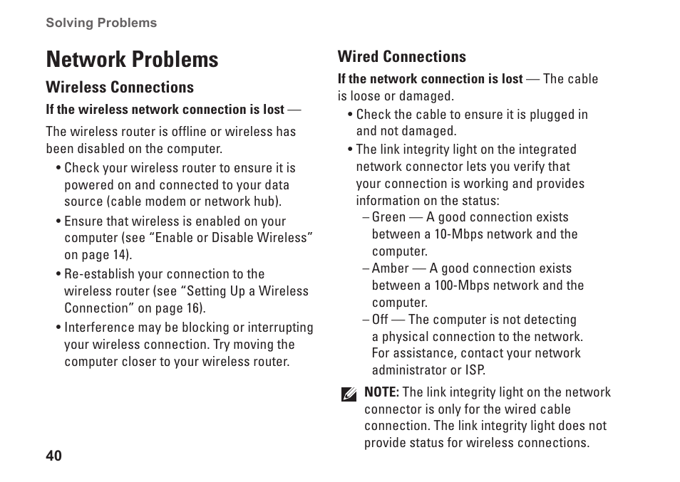 Network problems | Dell Inspiron 11z (1120, Mid 2010) User Manual | Page 42 / 86