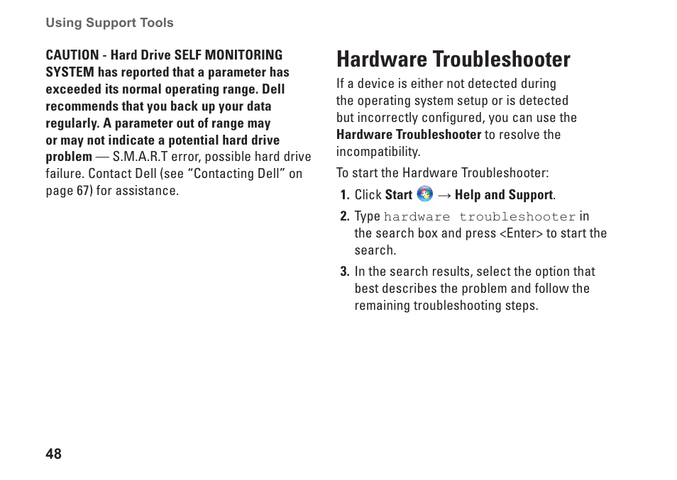 Hardware troubleshooter | Dell Inspiron 11z (1120, Mid 2010) User Manual | Page 50 / 86