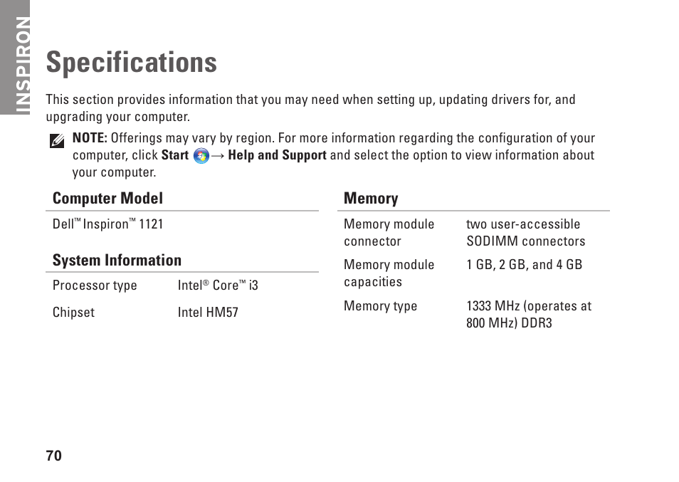 Specifications, Inspiron | Dell Inspiron 11z (1120, Mid 2010) User Manual | Page 72 / 86