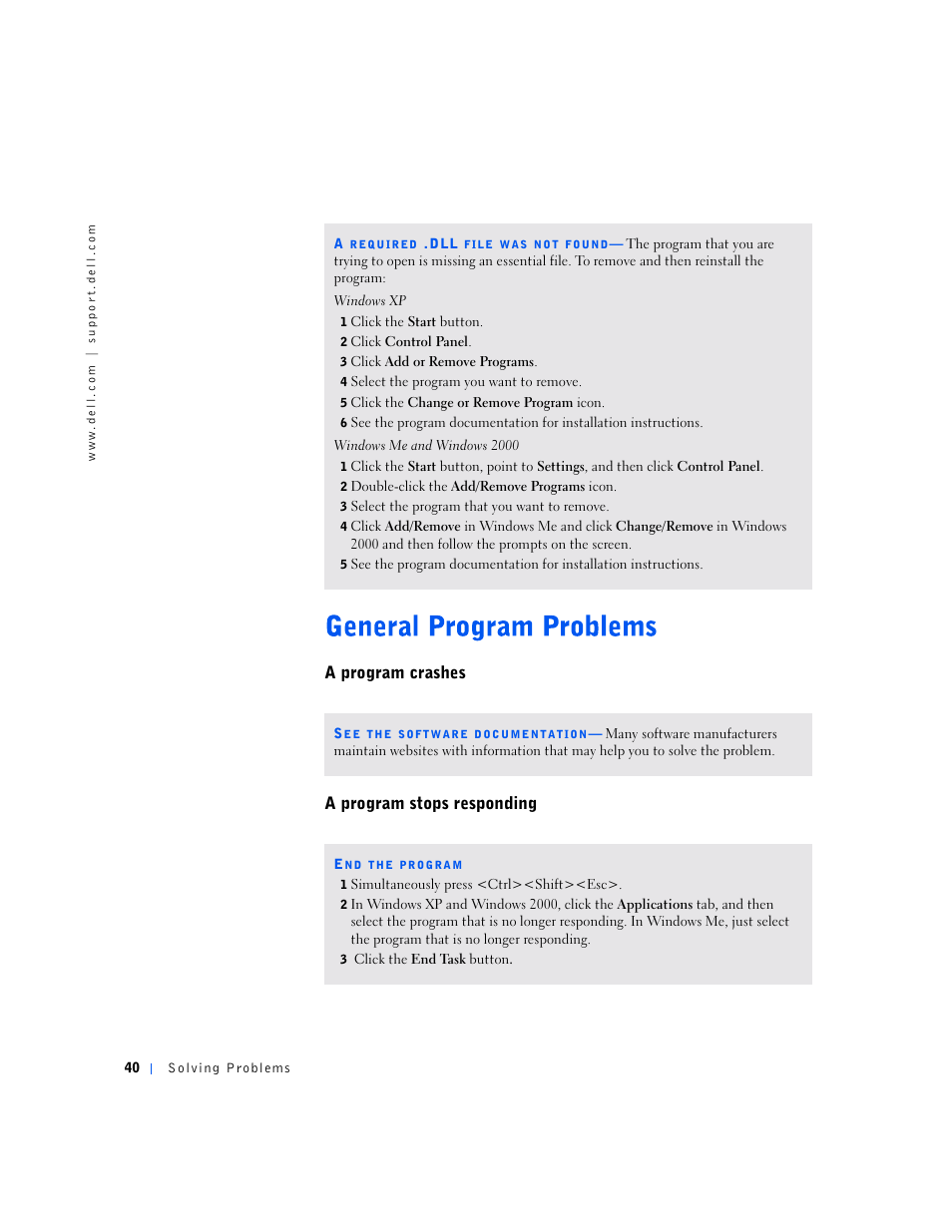 A program crashes a program stops responding | Dell Dimension 2100 User Manual | Page 40 / 138