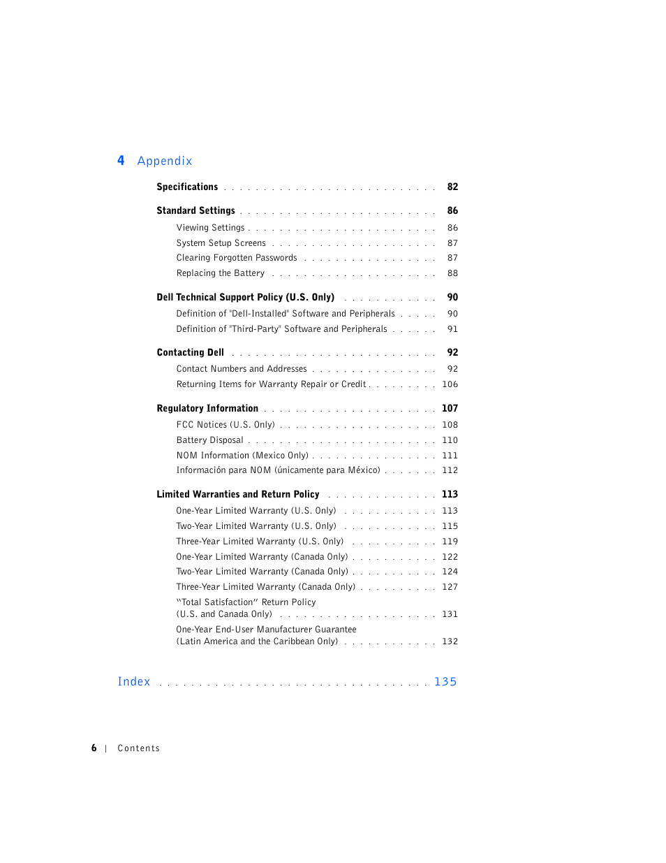 4 appendix, Index | Dell Dimension 2100 User Manual | Page 6 / 138