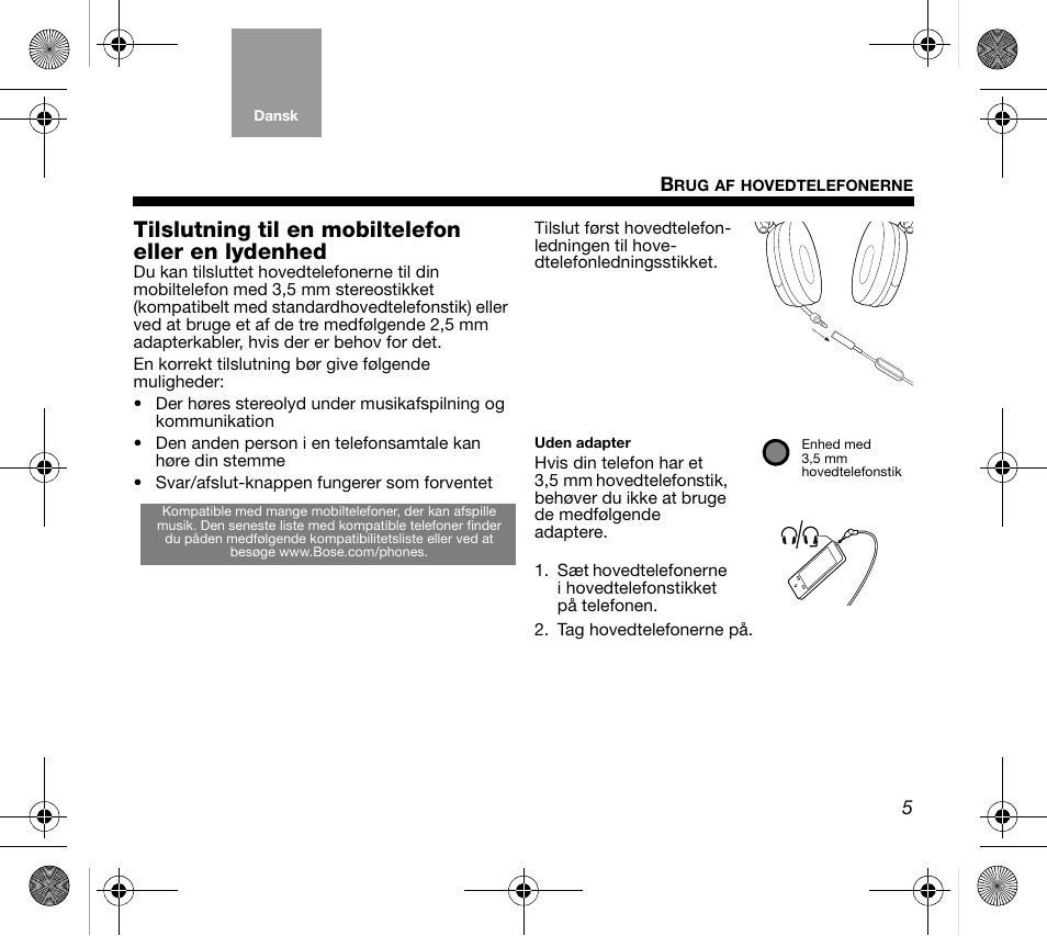 Tilslutning til en mobiltelefon eller en lydenhed | Bose AM319137 User Manual | Page 13 / 132