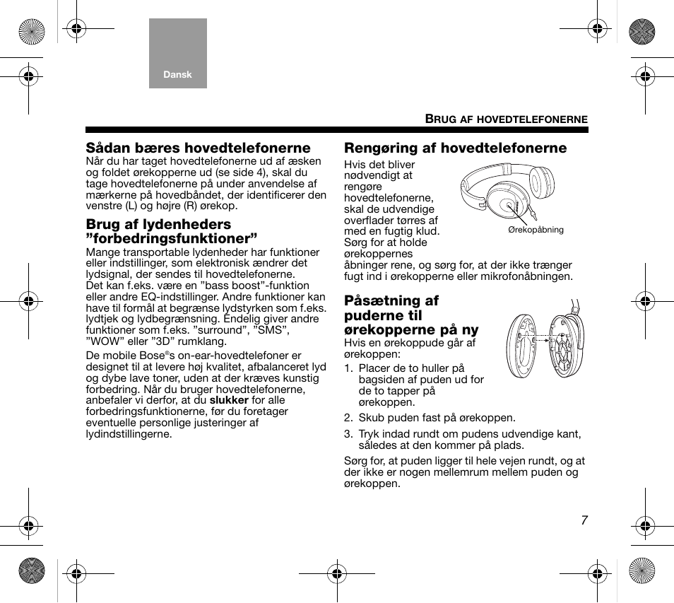 Sådan bæres hovedtelefonerne, Brug af lydenheders ”forbedringsfunktioner, Rengøring af hovedtelefonerne | Påsætning af puderne til ørekopperne på ny | Bose AM319137 User Manual | Page 15 / 132