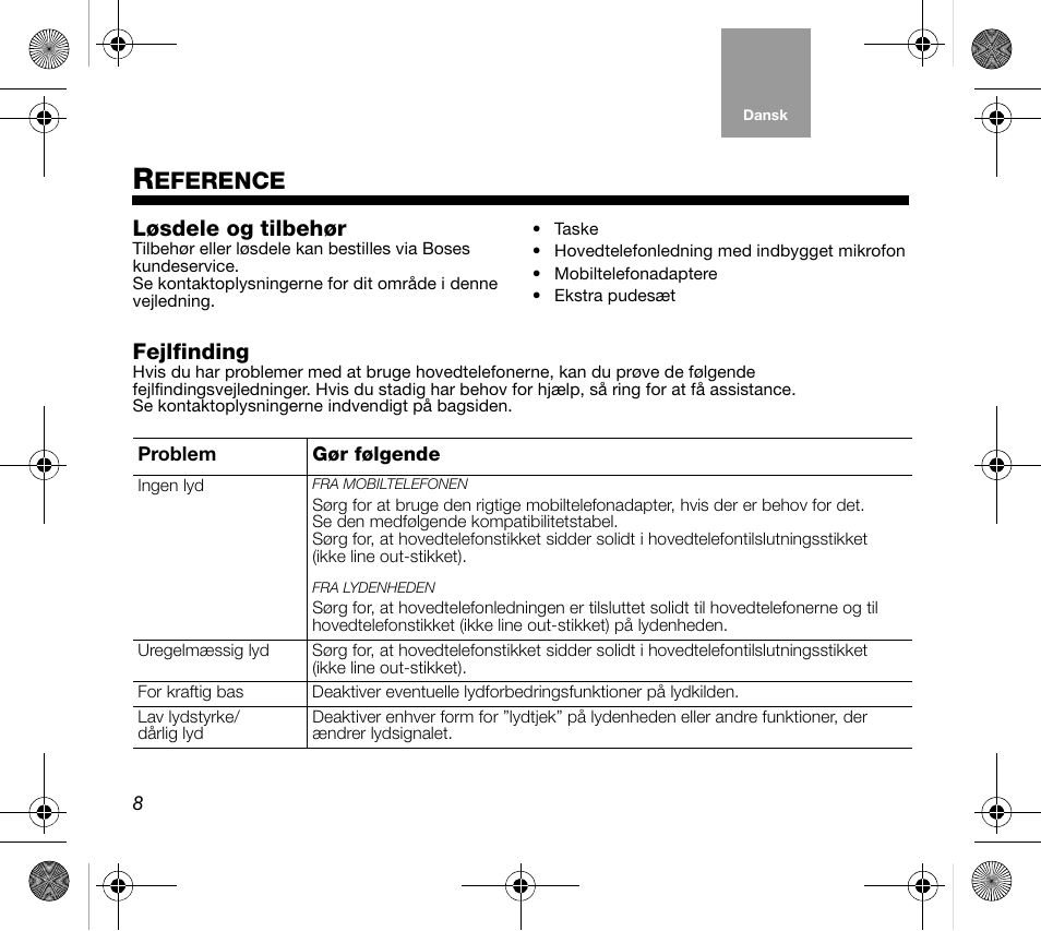 Eference, Løsdele og tilbehør, Fejlfinding | Bose AM319137 User Manual | Page 16 / 132