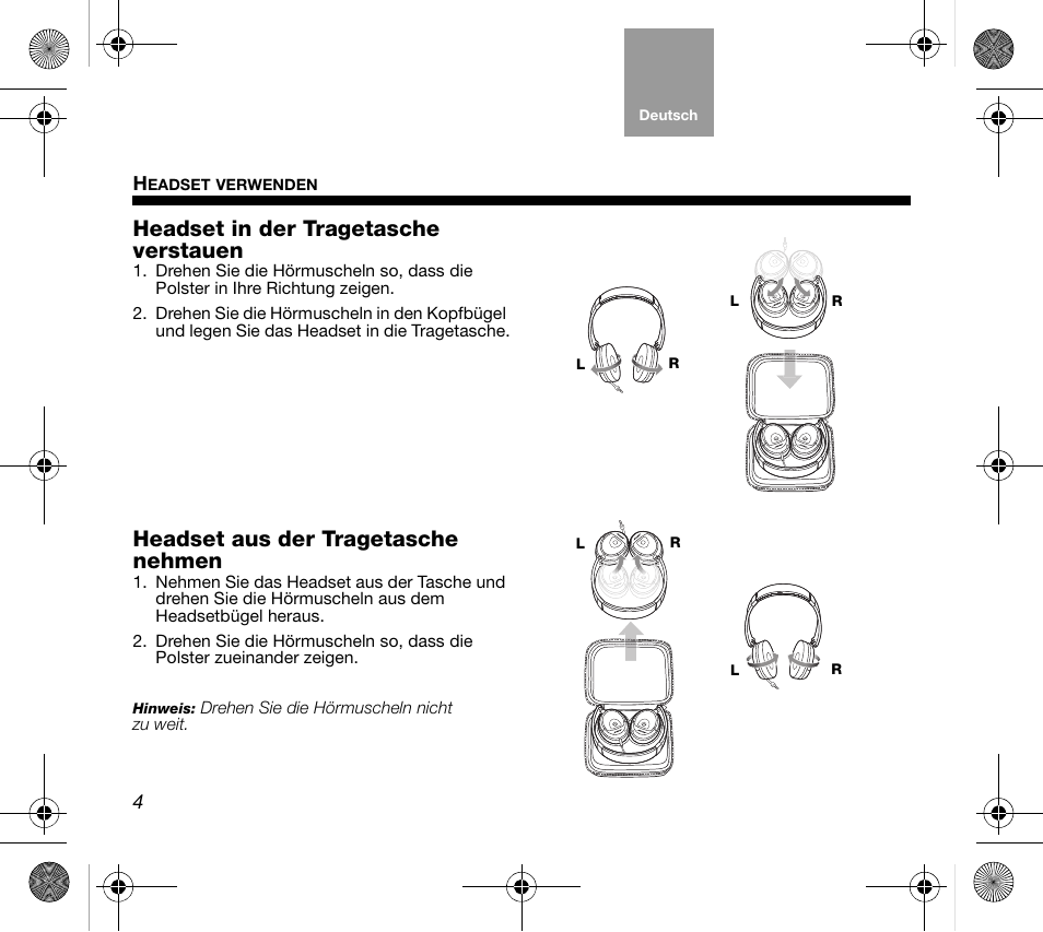 Headset in der tragetasche verstauen, Headset aus der tragetasche nehmen | Bose AM319137 User Manual | Page 20 / 132