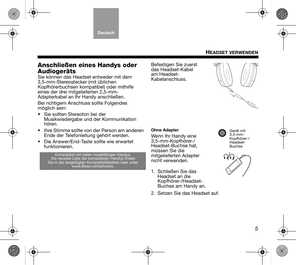 Anschließen eines handys oder audiogeräts | Bose AM319137 User Manual | Page 21 / 132