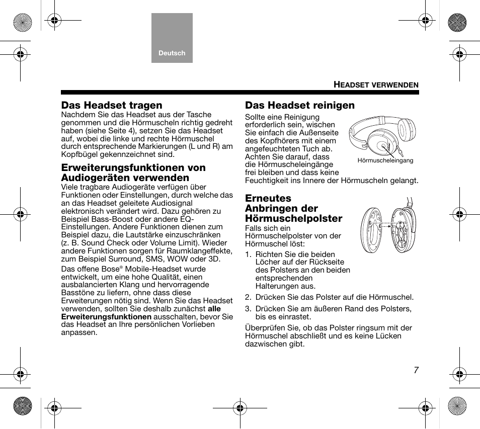 Das headset tragen, Erweiterungsfunktionen von audiogeräten verwenden, Das headset reinigen | Erneutes anbringen der hörmuschelpolster | Bose AM319137 User Manual | Page 23 / 132