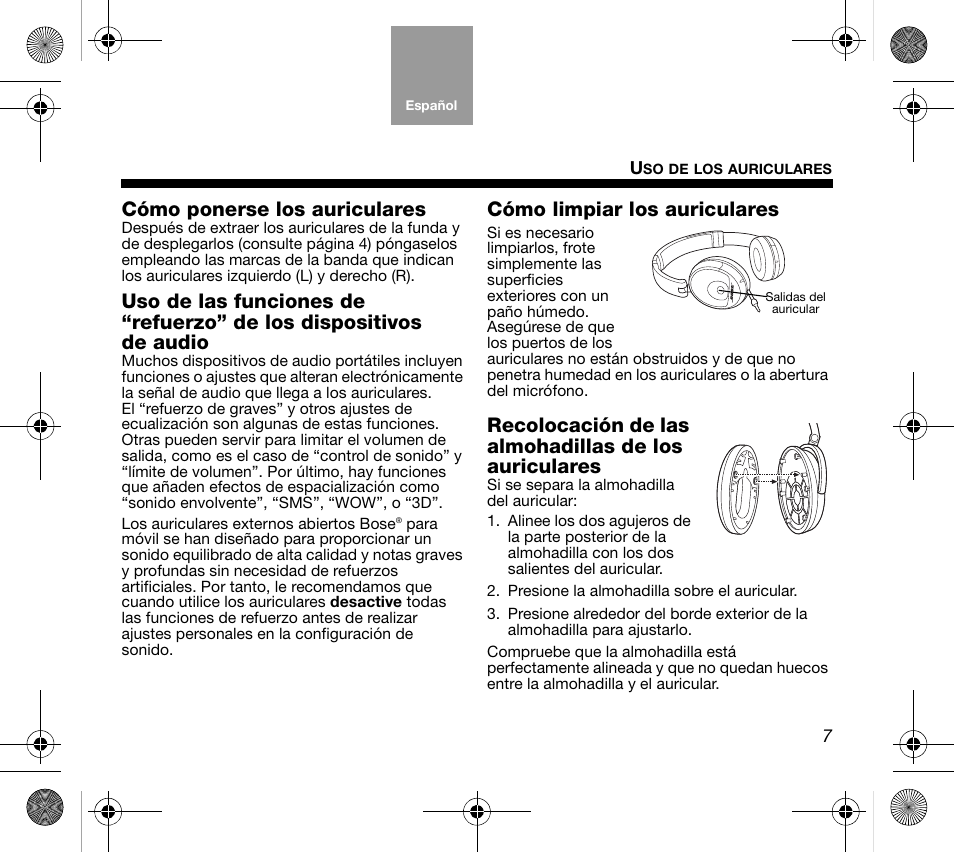 Cómo ponerse los auriculares, Cómo limpiar los auriculares | Bose AM319137 User Manual | Page 31 / 132