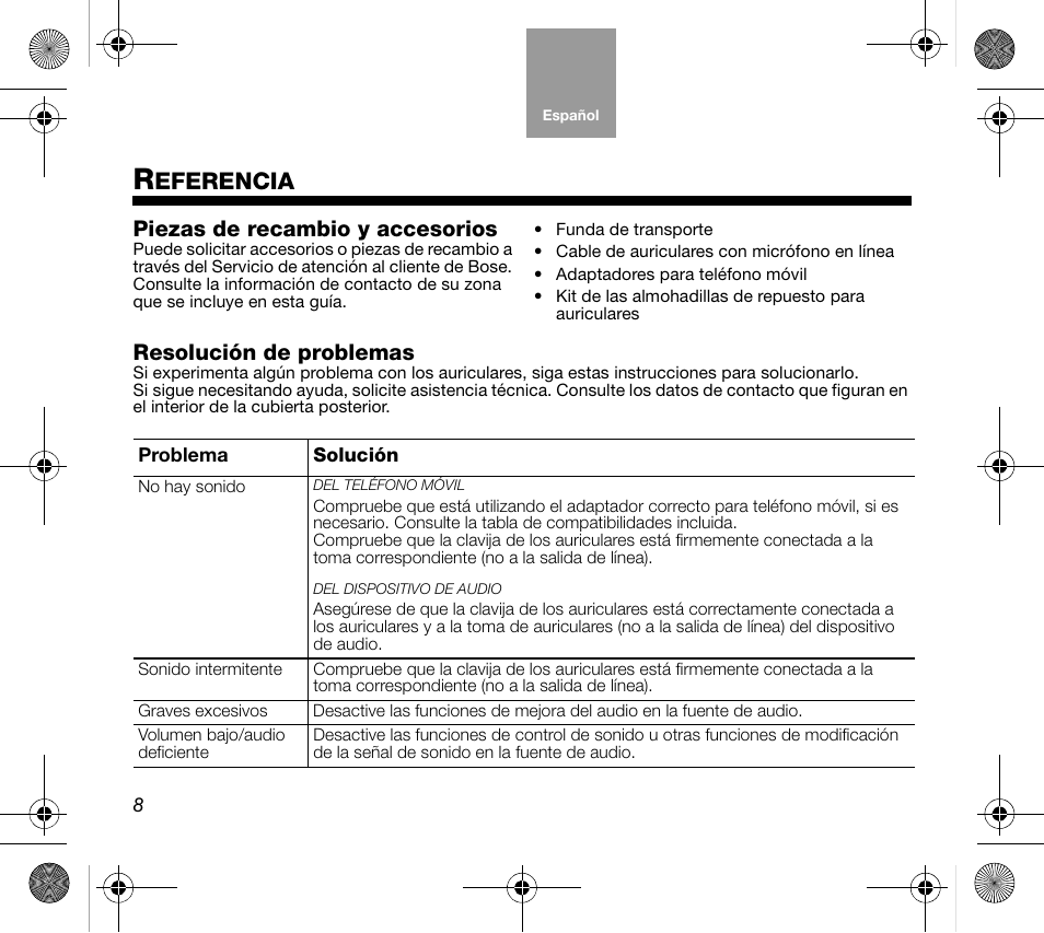 Eferencia, Piezas de recambio y accesorios, Resolución de problemas | Bose AM319137 User Manual | Page 32 / 132