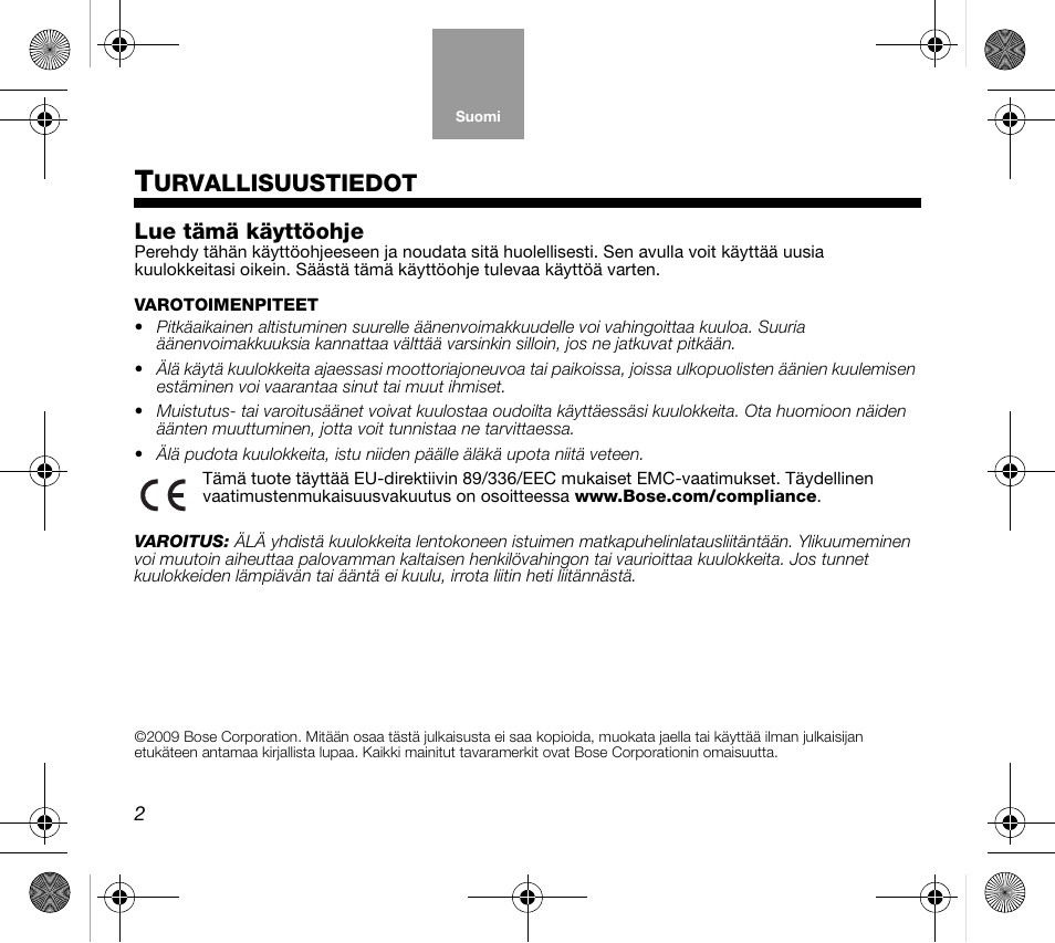 05_fin_print, Urvallisuustiedot, Lue tämä käyttöohje | Bose AM319137 User Manual | Page 34 / 132