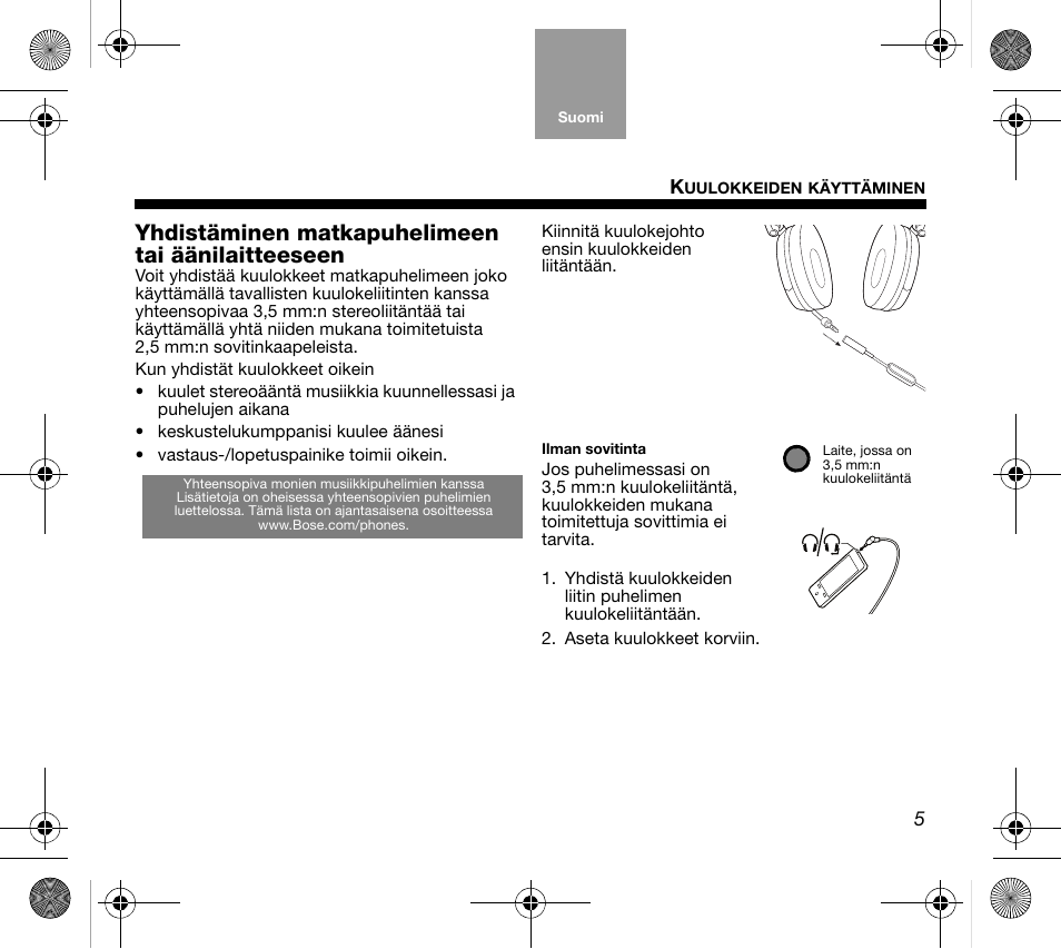 Yhdistäminen matkapuhelimeen tai äänilaitteeseen | Bose AM319137 User Manual | Page 37 / 132