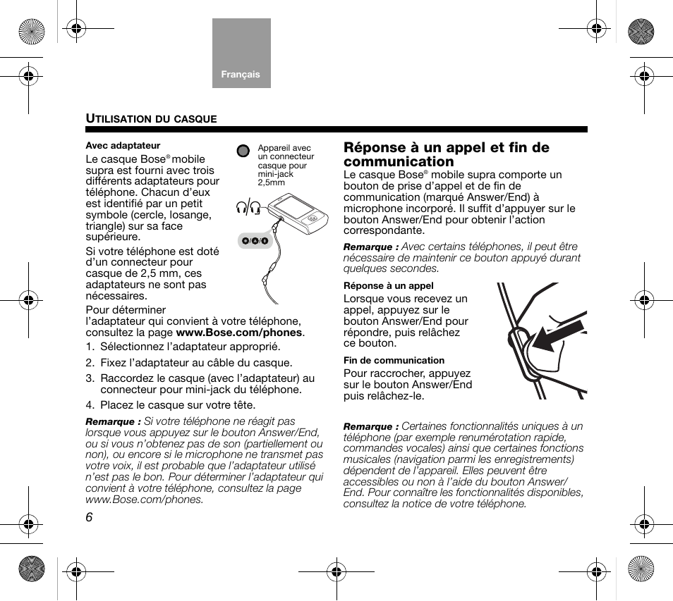 Réponse à un appel et fin de communication | Bose AM319137 User Manual | Page 46 / 132