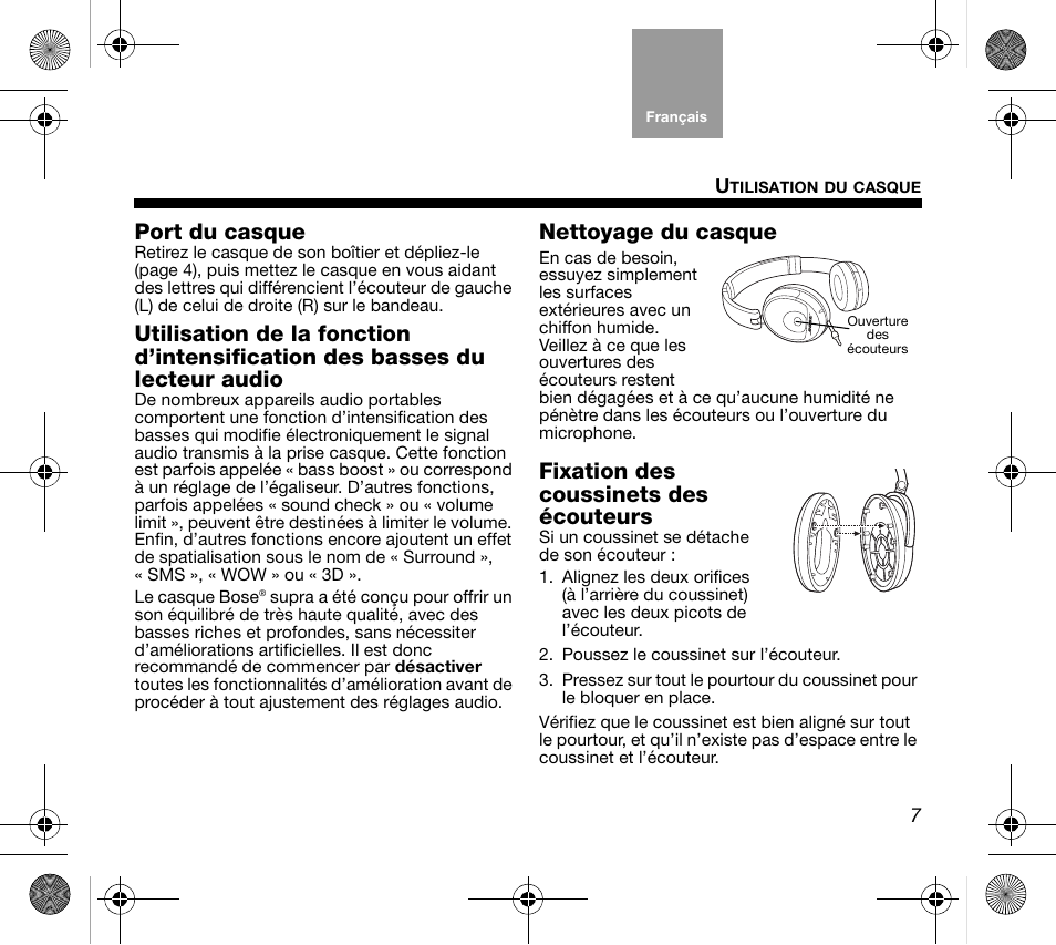 Port du casque, Nettoyage du casque, Fixation des coussinets des écouteurs | Bose AM319137 User Manual | Page 47 / 132