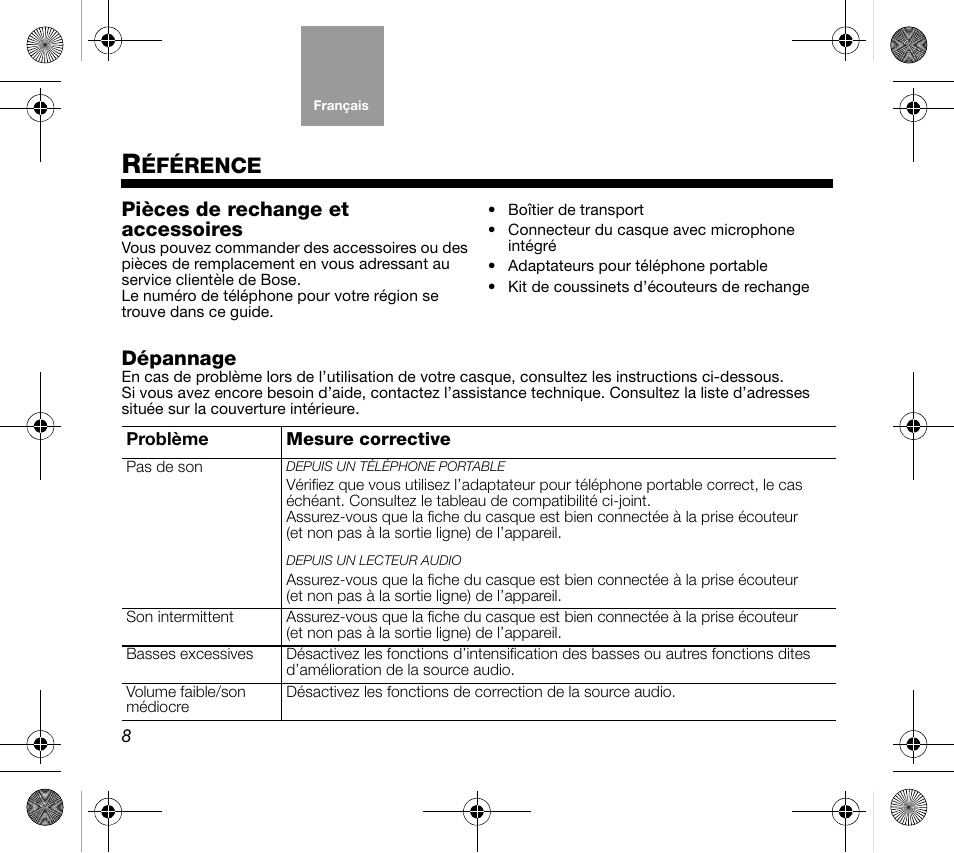 Éférence, Pièces de rechange et accessoires, Dépannage | Bose AM319137 User Manual | Page 48 / 132