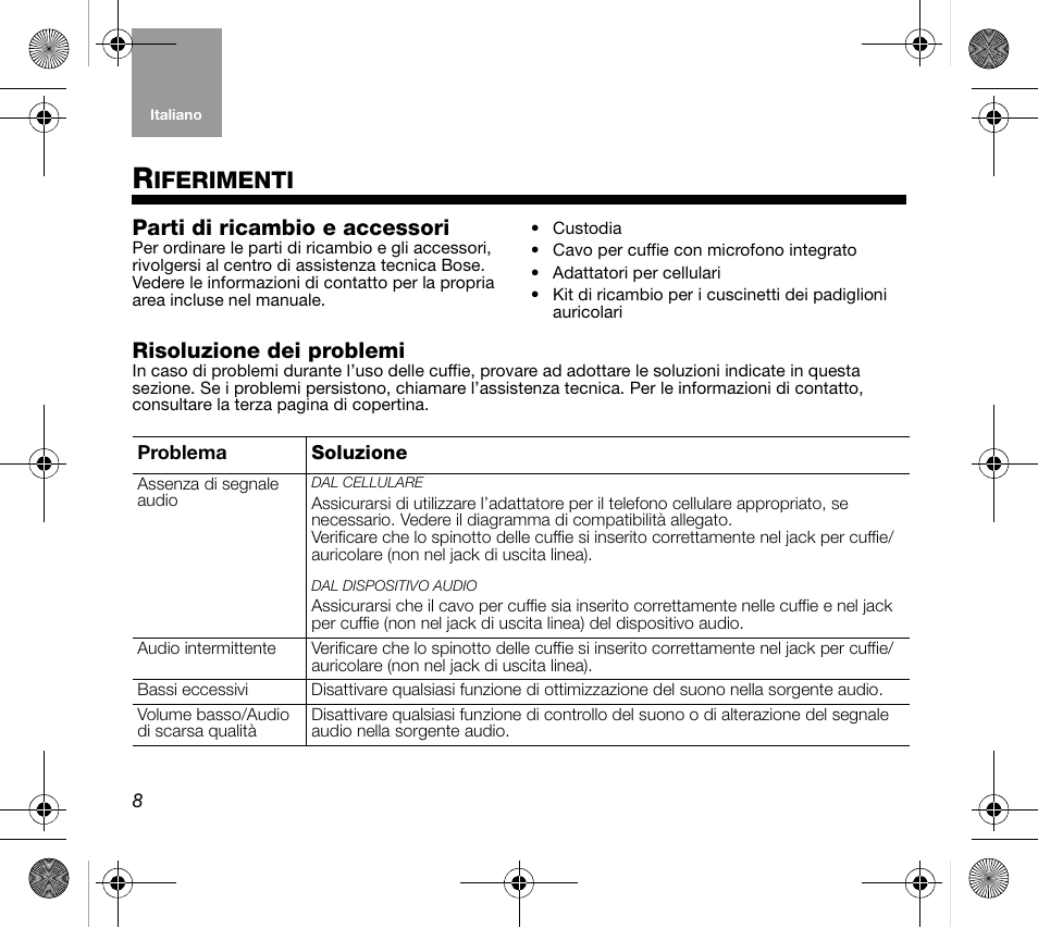 Iferimenti, Parti di ricambio e accessori, Risoluzione dei problemi | Bose AM319137 User Manual | Page 64 / 132