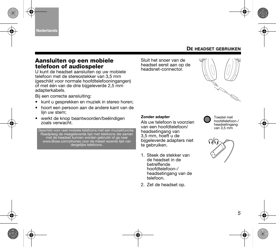 Aansluiten op een mobiele telefoon of audiospeler | Bose AM319137 User Manual | Page 69 / 132