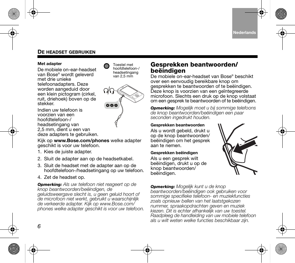 Gesprekken beantwoorden/ beëindigen | Bose AM319137 User Manual | Page 70 / 132