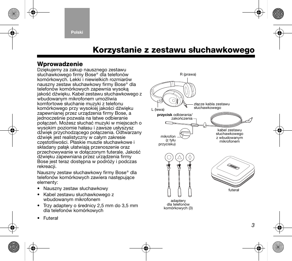 Korzystanie z zestawu słuchawkowego, Wprowadzenie | Bose AM319137 User Manual | Page 75 / 132