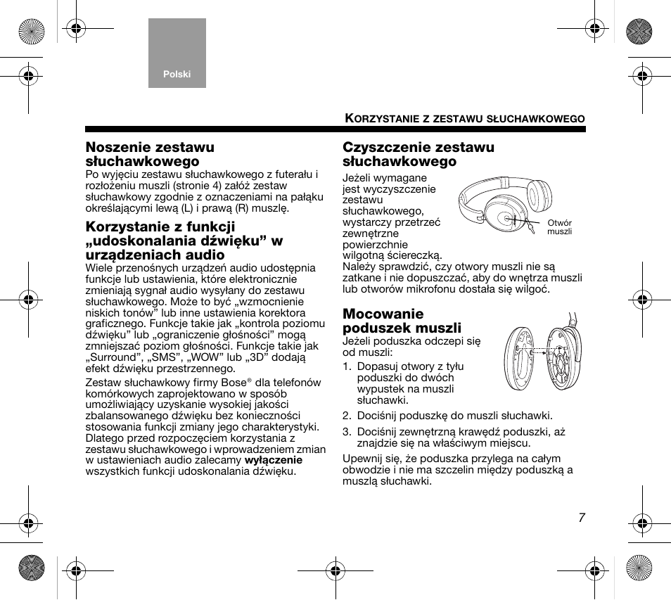 Noszenie zestawu słuchawkowego, Czyszczenie zestawu słuchawkowego, Mocowanie poduszek muszli | Bose AM319137 User Manual | Page 79 / 132