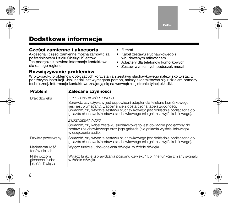 Dodatkowe informacje, Części zamienne i akcesoria, Rozwiązywanie problemów | Bose AM319137 User Manual | Page 80 / 132