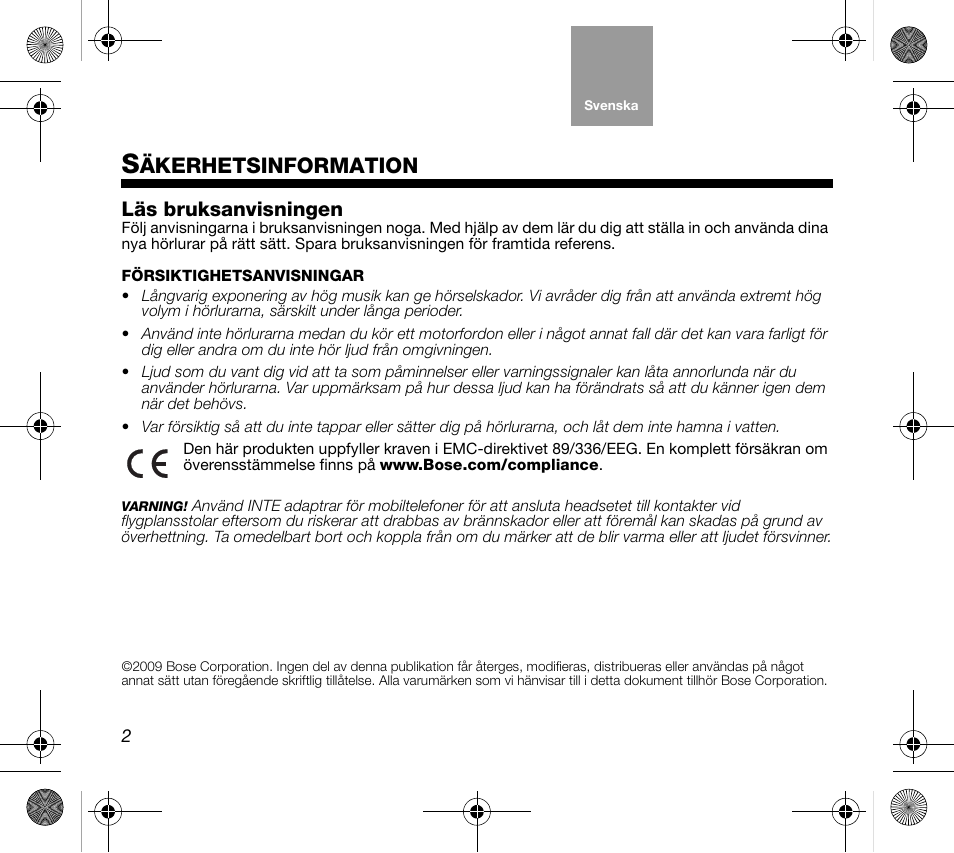 11_sve_print, Äkerhetsinformation, Läs bruksanvisningen | Bose AM319137 User Manual | Page 82 / 132