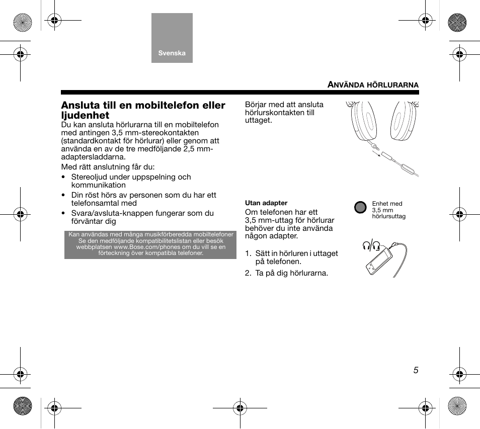 Ansluta till en mobiltelefon eller ljudenhet | Bose AM319137 User Manual | Page 85 / 132