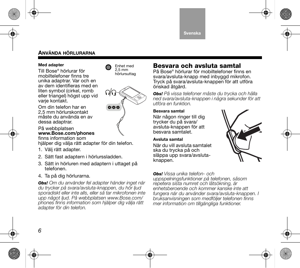 Besvara och avsluta samtal | Bose AM319137 User Manual | Page 86 / 132