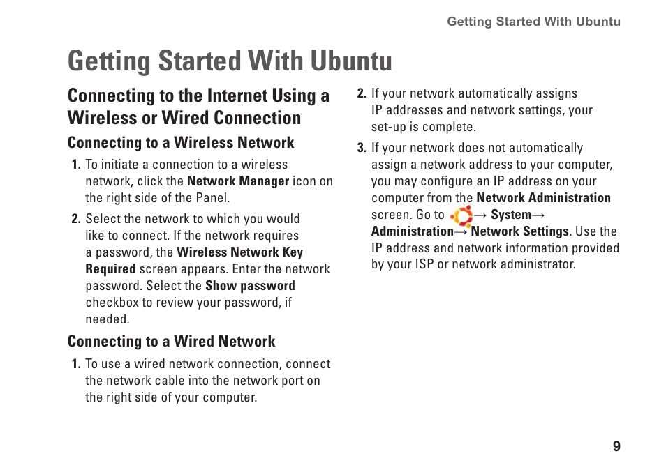 Getting started with ubuntu, Connecting to the internet using, A wireless or wired connection | Dell Inspiron Mini 10 (1010, Early 2009) User Manual | Page 11 / 26