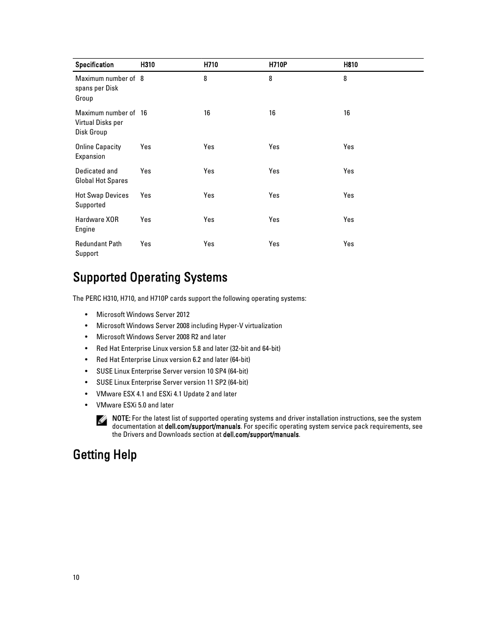 Supported operating systems, Getting help | Dell PowerEdge RAID Controller H710 User Manual | Page 10 / 87